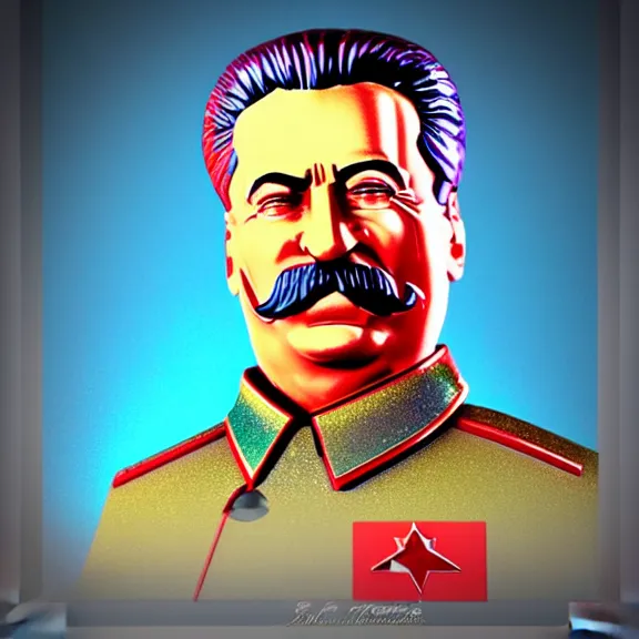 Image similar to stalin glitter plastic figurine commerical, white background, close angle, 3d render