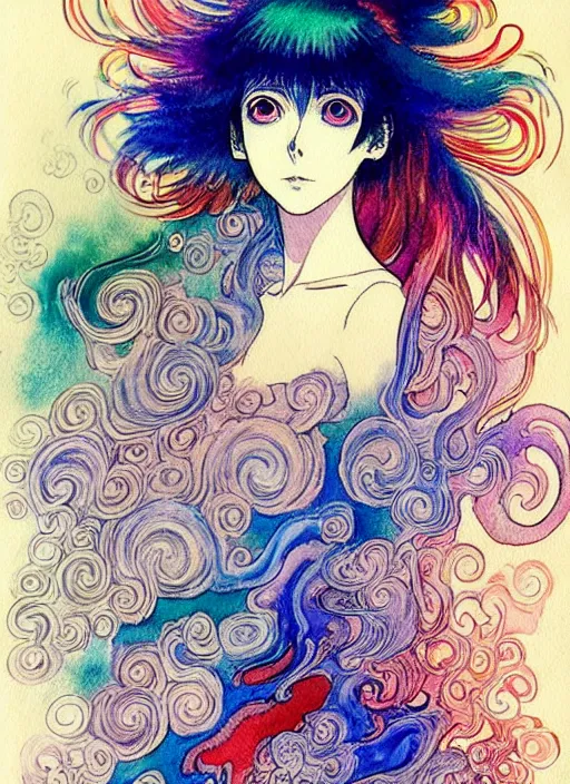 Image similar to vintage 7 0 s anime watercolor by yoshitaka amano, a portrait of a lady with colorful face - paint enshrouded in an impressionist watercolor, representation of mystic crystalline fractals in the background by william holman hunt, art by cicley mary barker, thick impressionist watercolor brush strokes, portrait painting by daniel garber, minimalist simple pen and watercolor