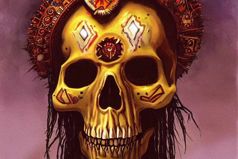 Prompt: aztec skull digitally painted by Les Edwards