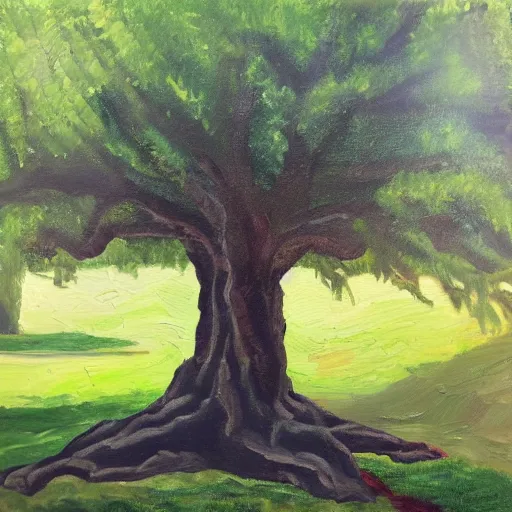 Image similar to a giant tree in the middle of a park, oil painting