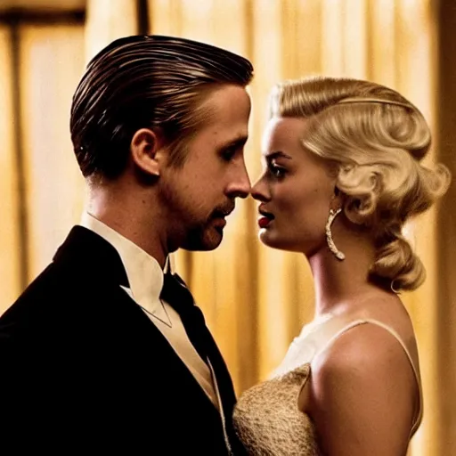 Prompt: still of ryan gosling and margot robbie, in the godfather