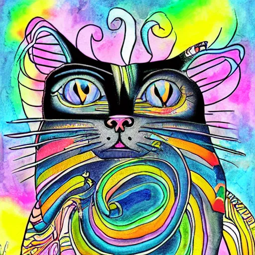 Prompt: A cat drawn by hr giger, by lisa frank, rainbow, pastel, colorful, digital art, watercolor