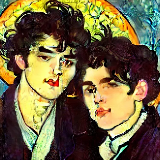 Image similar to painting of young cute handsome beautiful dark medium wavy hair man in his 2 0 s named shadow taehyung and cute handsome beautiful min - jun together at the halloween party, bubbling cauldron, candles, smoke, tarot, autumn colors, elegant, stylized, soft facial features, delicate facial features, art by alphonse mucha, vincent van gogh, egon schiele