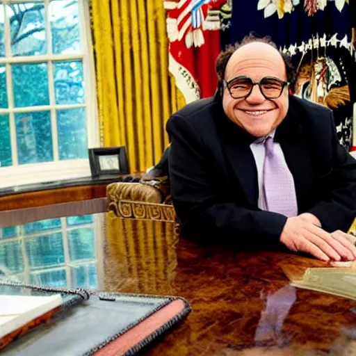 Prompt: portrait of president danny devito sitting in his chair behind the desk in the oval office
