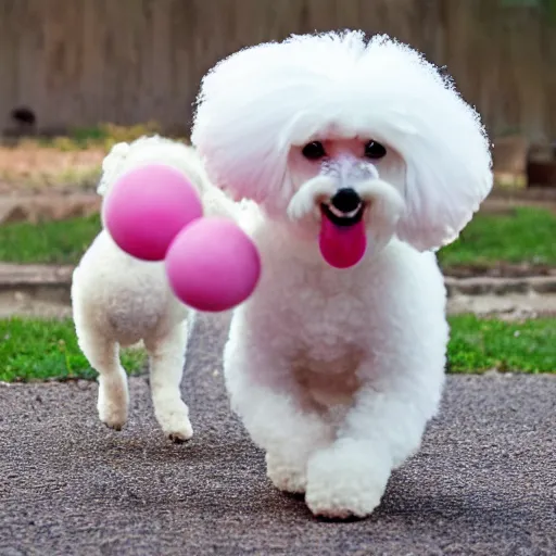 Prompt: a bichon frise and a poodle fight over a pink ball