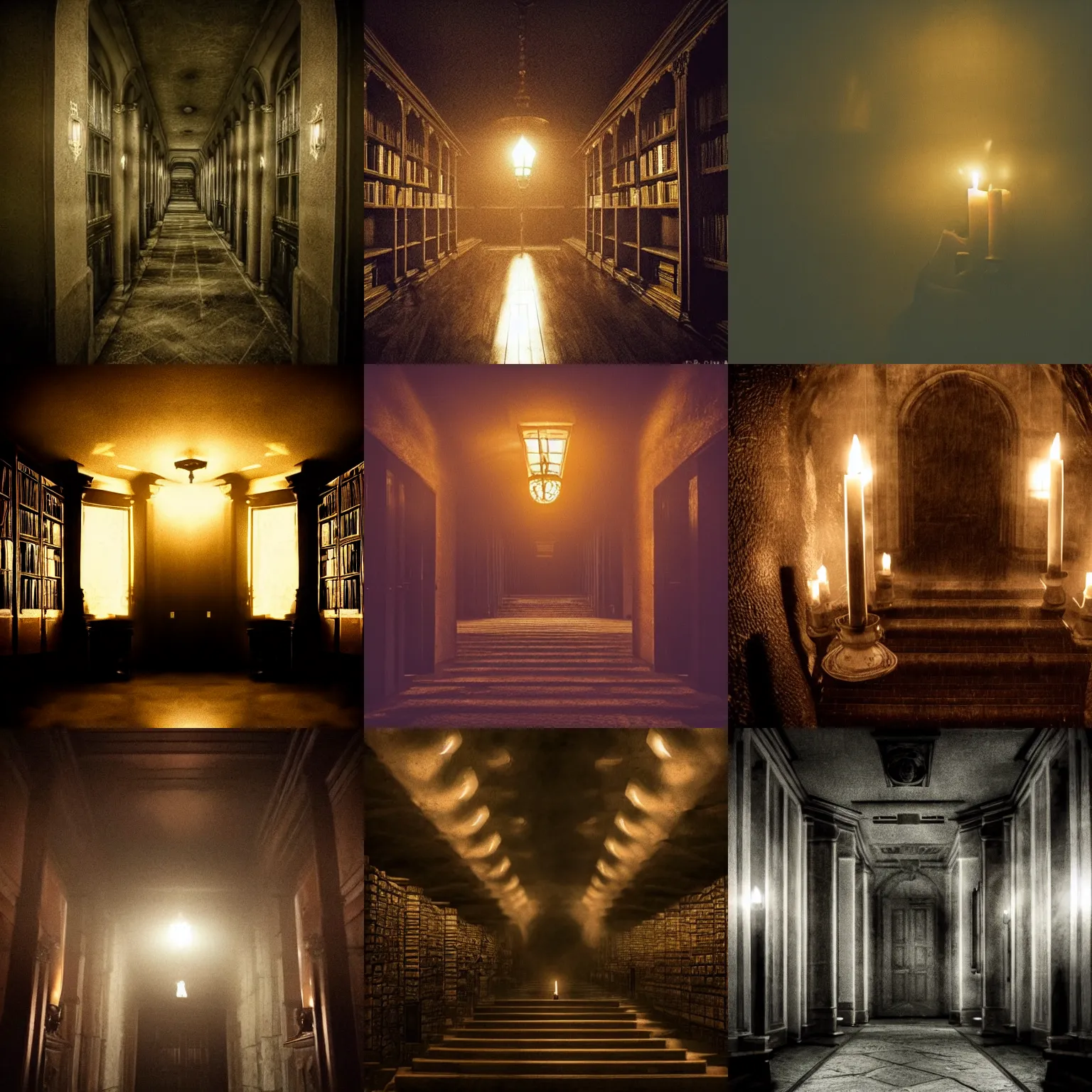 Prompt: dark library, atmospheric, dark, gloomy, terror, horror, shadows, candlelight