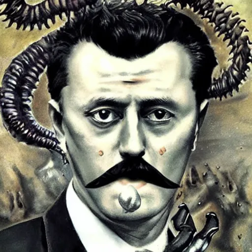 Image similar to igor ivanovich strelkov became an aggressive lovecraftian degenerate hellfire demon calling for total mobilization, photo - realistic, color image, 2 k, highly detailed, bodyhorror, occult art