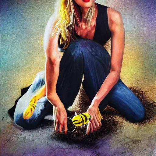 Image similar to Amber heard physically stepping on a bee, photorealism, fake