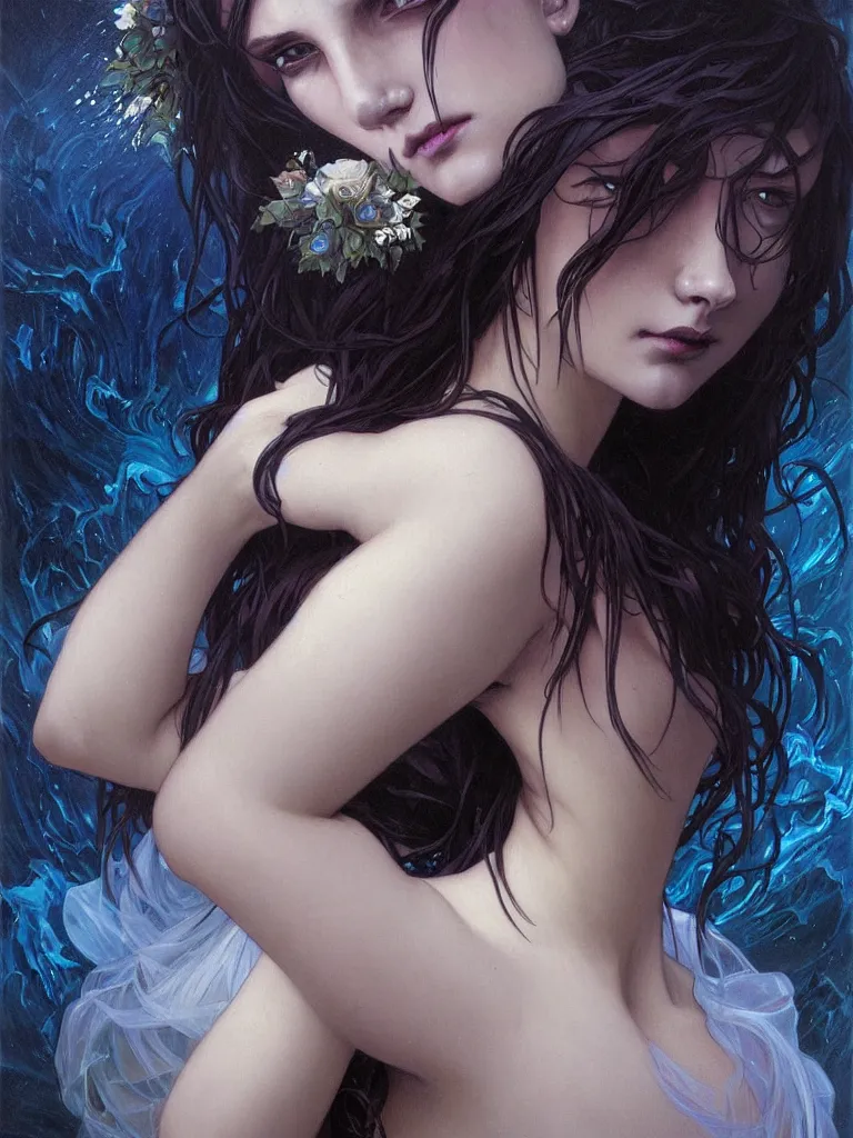 Prompt: detailed painting of sad bride in scary black standing in the river, gloomy, cobalt blue gemstones floating in the river, art by artgerm and greg rutkowski and alphonse mucha