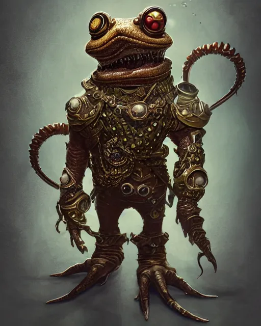 Prompt: a slimy anthropomorphic toad king wearing ornate steampunk armor, smooth, intricate, elegant, digital painting, artstation, steam, grungy steel, concept art, sharp focus, octane render, illustration, art by marco plouffe arstation and riot studios and blizzard studios,