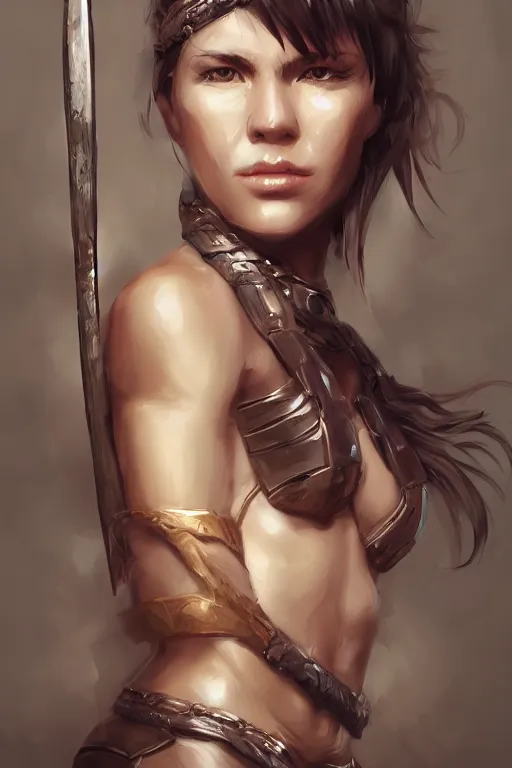 Image similar to head and legs portrait of a barbarian female, ultra sharp, very detailed, high quality focus by wlop