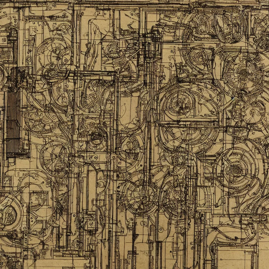 Image similar to close - up on detailed, intricate technical drawings from 1 8 4 0 with extensive written labels and covered in scribbled pencil notes, for a mechanical display attachment to babbage's difference engine, showing a screen playing tetris, beautiful, symmetric, art nouveau