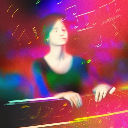 Image similar to “a woman with synesthesia listening to an orchestra at a concert hall, digital art”