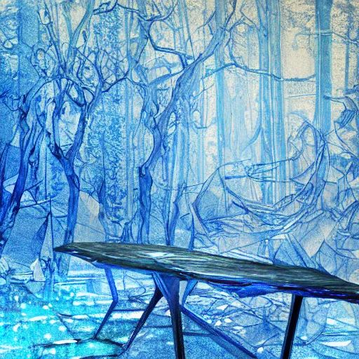 Prompt: a blue cystal in the wood table in digital in art intricate, fantasy