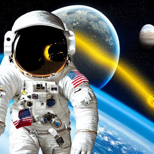 Image similar to astronaut in space, galactic background reflections on suit on one side and a yellow planet on the other side