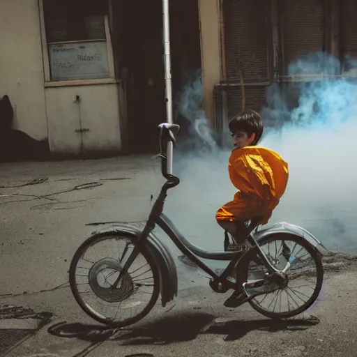 Image similar to a photo of a boy wearing a hazmat suit, riding a bike, side-view, smoke in the background, filthy streets, broken cars. Vines growing. Jpeg artifacts. Full-color photo. Color color color color color. Award-winning photo. Samyang/Rokinon Xeen 50mm T1.5