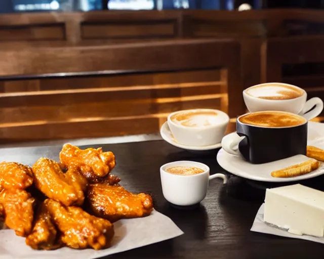 Image similar to A cup of coffee and hot wings covered in cheese, Cinematic shot