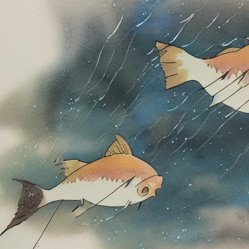 Image similar to studio ghibli watercolor of carp falling from the sky