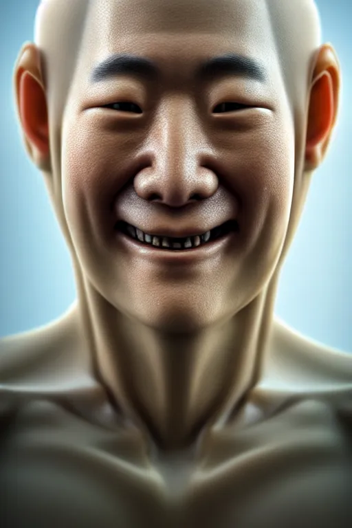 Prompt: hyperrealistic close-up translucent exoskeleton!! smiling chinese man covered highly detailed concept art eric zener elson peter cinematic side soft light high angle hd 8k sharp shallow depth of field