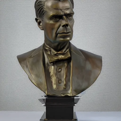 Image similar to A luminous bronze bust of Aldous Huxley.