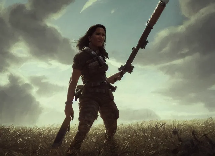 Prompt: close up cinematic artwork of tulsi gabbard staring down the enemy on the battlefield by Greg Rutkowski, 4k, masterpiece