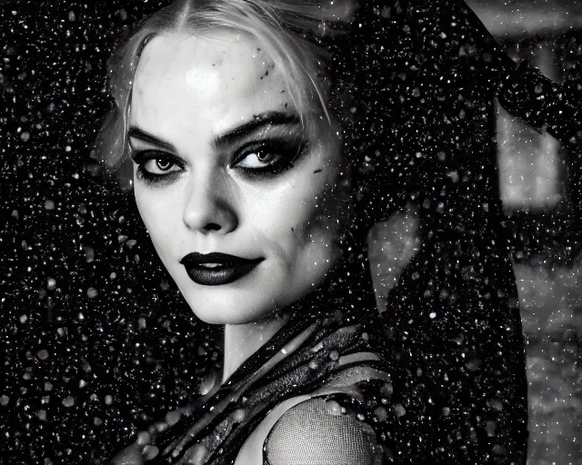 Prompt: deep focus closeup headshot of seductive margo robbie as harley quinn in the rain, head tilted, curious, wet skin, bokeh, street lights, fog, bladerunner, backlit,, futurepunk, gta v, pinup, nagel, arney freytag, gil elvgren, dark moody, cinematic, greg rutkowski, octane!