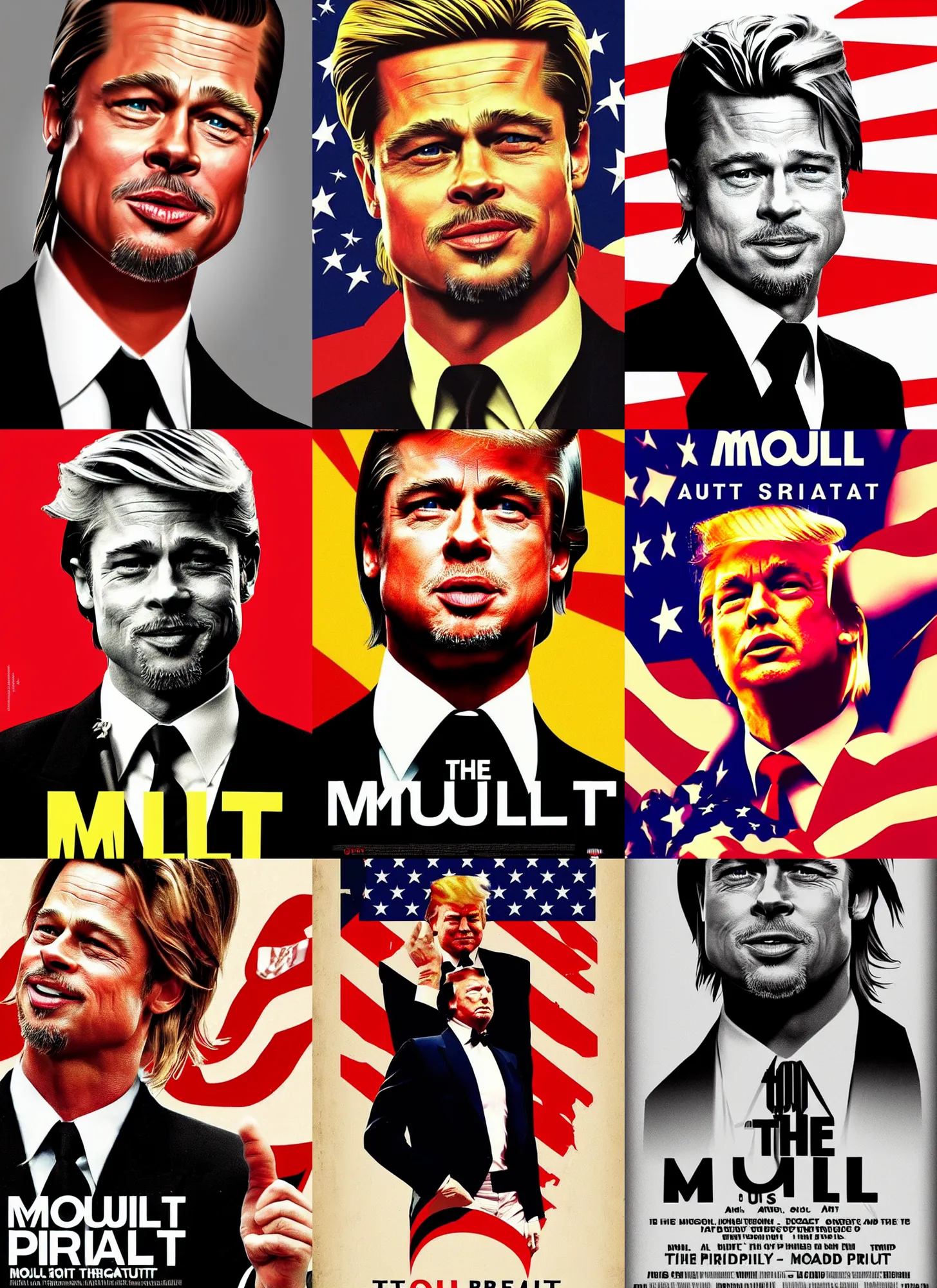 Prompt: the mogul, brad pitt is united states president donald trump, 8 0's movie poster, theatrical poster, vibrant fan art, digital art, trending on artstation, minimalist