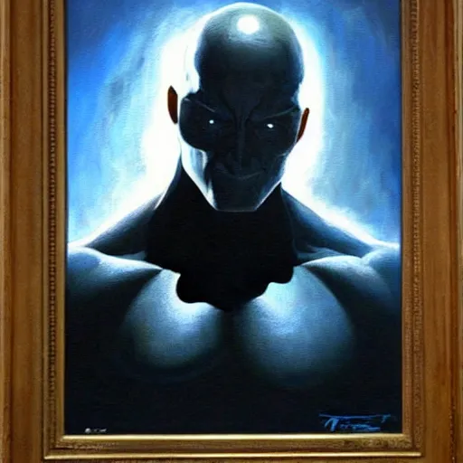 Prompt: painting by Frank Frazetta of Christian Bale!!!! as Dr. Manhattan in Watchmen