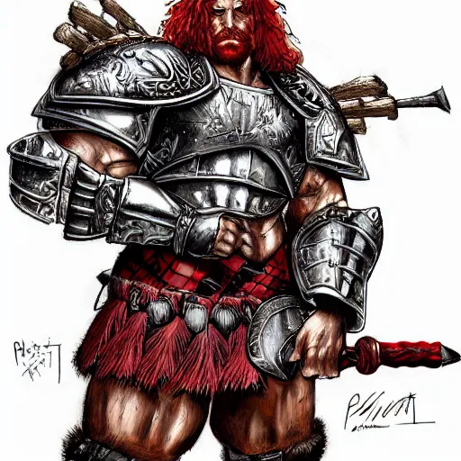 Image similar to bulky muscular scottish warrior with red hair and a kilt, tribal blood red war paintings on his chest, bronze plate armor, in the style of paul pelletier, artgerm