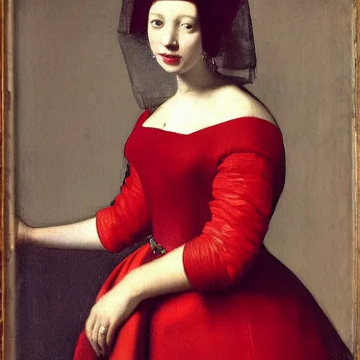 Prompt: sublime portrait of a woman in a red satin dress, very pale, graceful, imposing, idealistic, by Vermeer, Van Dyck, Jean Auguste Dominique Ingres, 17th-century, smooth, sharp focus, highly realistic