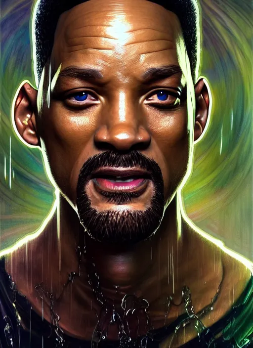 Image similar to portrait of will smith, d & d, wet, shiny, fantasy, intricate, elegant, hyper detailed, ultra definition, photoreal, artstation, unreal engine rendered, concept art, smooth, sharp focus, illustration, art by artgerm and greg rutkowski and alphonse mucha and garis edelweiss