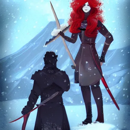 Image similar to A woman and a man are standing in the snow, the woman is leaning against the man, the man has long red hair, the woman has blonde long hair, the man has a red thick sword, the woman has a thin, long sword, a tree almost fully covered in bulky snow, concept art by Fabien Charuau, trending on pixiv, fantasy art, official art, wiccan, concept art, 4k, sharp details