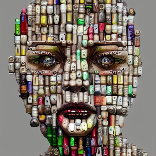 Prompt: potrait of realistic cyborg partlly made of wine bottles. High resolution. Artstation.