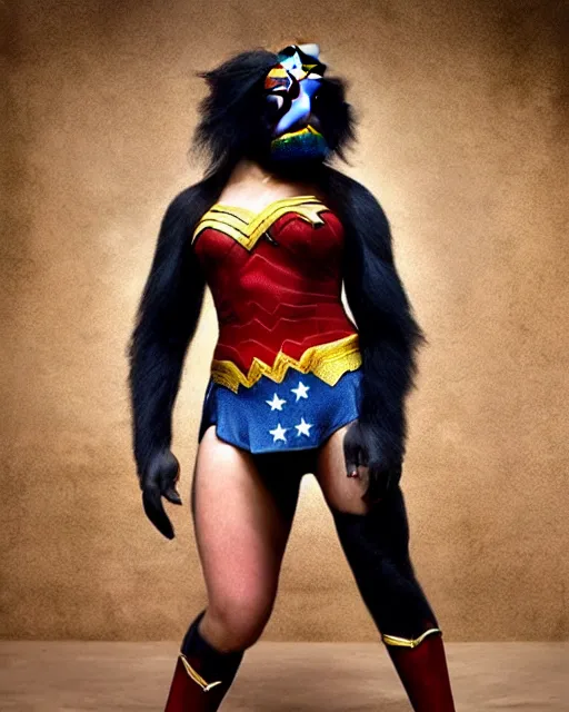 Image similar to Full body photos of a beautiful Chimpanzee dressed as Wonder Woman. Hyperreal, photorealistic, photography in the style of Annie Leibovitz