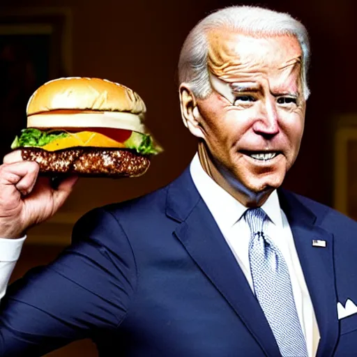 Prompt: joe biden wearing a burger on his head, burger hat