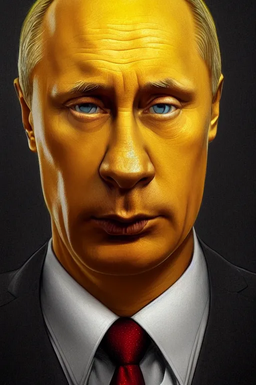 Image similar to vladimir putin as a yellow funny homer simpson, realistic portrait, symmetrical, highly detailed, digital painting, artstation, concept art, smooth, sharp focus, illustration, cinematic lighting, art by artgerm and greg rutkowski and alphonse mucha