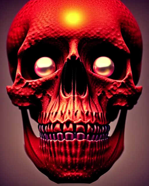 Prompt: very detailed portrait of skull with pearl red sphere glowing eyes + melting face skin + 4 k hyper details render + by alex grey + fractal mundelbulb intricate design + dramatic lighting + cinematography photography