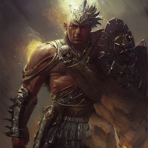 Image similar to a fierce and muscular male warrior in full armor, muscular, handsome, fantasy character portrait by greg rutkowski, gaston bussiere, craig mullins, simon bisley