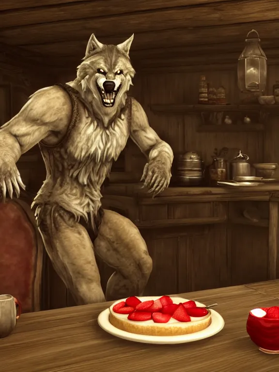 Image similar to cute!!! handsome cuddly burly surly relaxed calm timid werewolf from van helsing sitting down at the breakfast table in the kitchen of a normal country home cooking having fun lighthearted whimsy baking strawberry tart cakes unreal engine hyperreallistic render 8k character concept art masterpiece screenshot from the video game the Elder Scrolls V: Skyrim