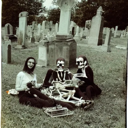 Image similar to old polaroid of a skeleton family doing a picnic in the cemetery