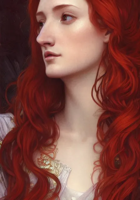 Prompt: portrait of sansa stark with long red hair, intricate, elegant, highly detailed, digital painting, artstation, concept art, smooth, sharp focus, illustration, art by artgerm and greg rutkowski and alphonse mucha and william - adolphe bouguereau