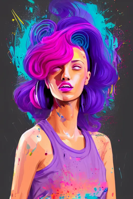 Image similar to a award winning half body portrait of a beautiful woman in a croptop and cargo pants with ombre purple pink teal hairstyle with head in motion and hair flying listenin to music on headphones by wlop, paint splashes and splatter, outrun, vaporware, shaded flat illustration, digital art, trending on artstation, highly detailed, fine detail, intricate