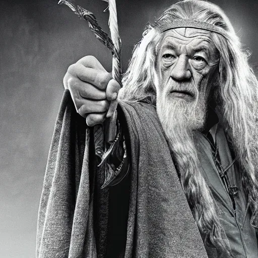 Prompt: Ian McKellan as Gandalf leading a defense against the dark arts class at hogwarts, highly textured, very detailed