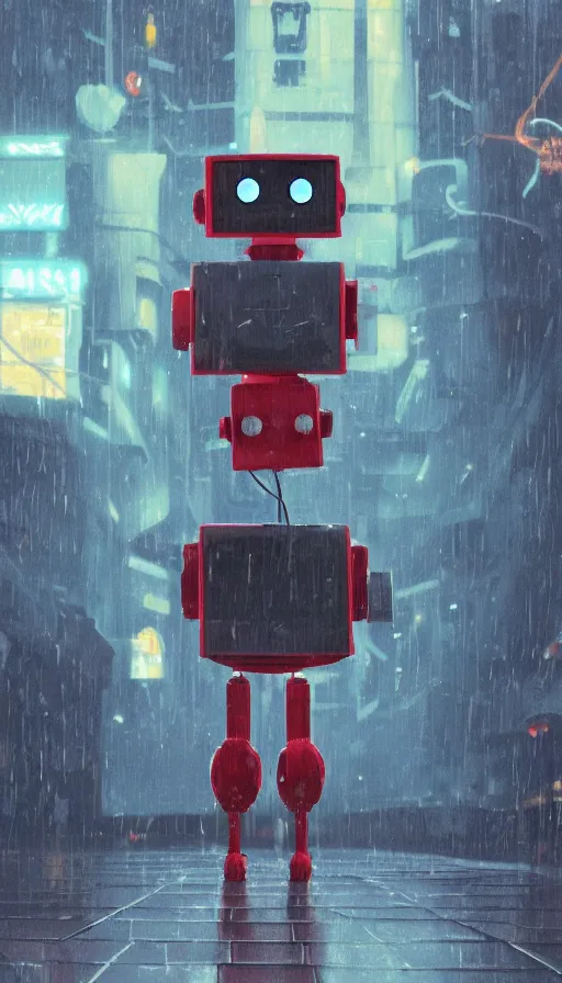 Image similar to arcade cabinet robot begging for coins in the rain, sharp focus, james gilleard, cinematic, game art, extremely detailed digital painting, print