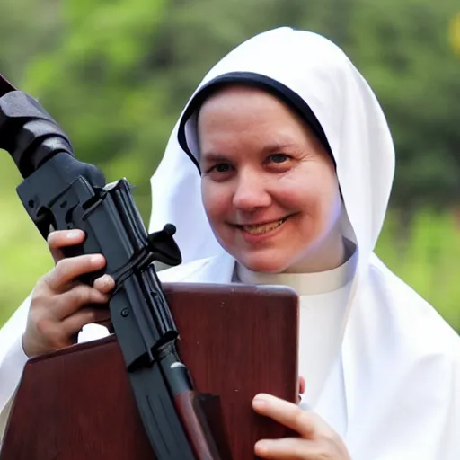 Image similar to a nun in church holding an ak 4 7