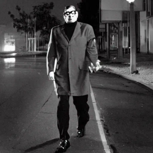 Image similar to Cyborg Morton Feldman struts through the suburbs on a winter night