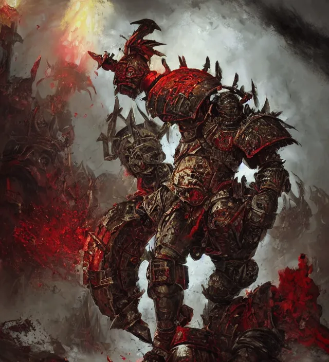 Prompt: battle scene portrait of armored heroes warhammer 4 0 k fight war fighting nurgle warrior, cesede, the chaos god of plague and decay, red chaos knight with cathedrals and columns, pestilence, champion, emperor, abbeys, elegant concept art by ruan jia