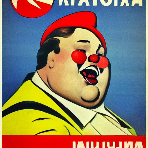 Prompt: fat communist clown portrait, soviet propaganda poster, vivid colors