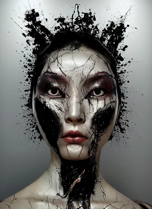 Prompt: portrait of a futuristic geisha cyborg crying black tears made from thick black oil, in the style of ghost in the shell, kintsugi, modern fine art, fractal, intricate, elegant, highly detailed, digital photography, subsurface scattering, by jheronimus bosch and greg rutkowski,