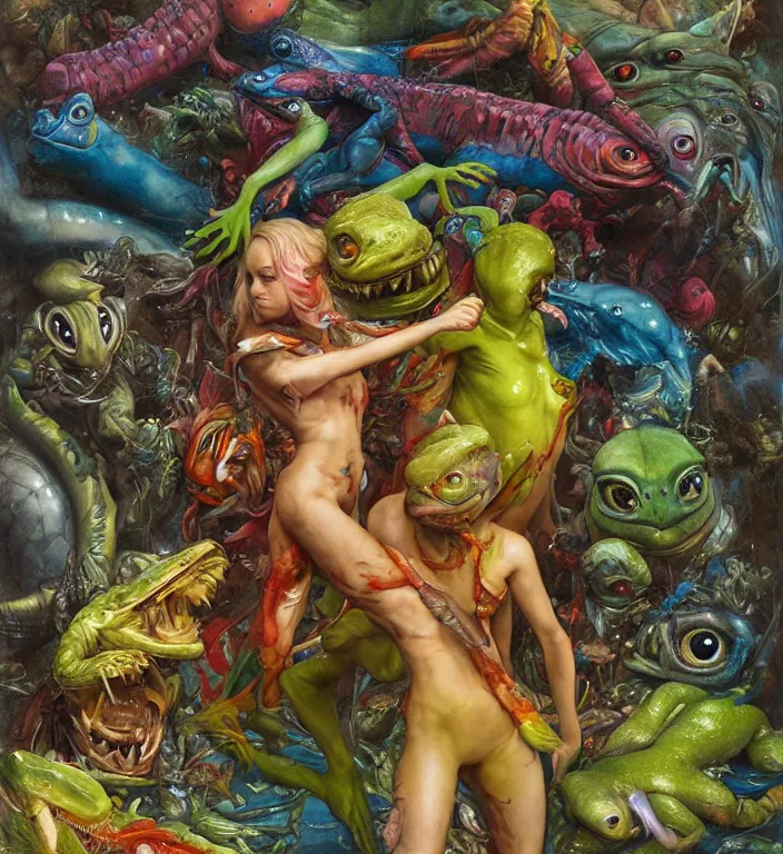 Prompt: brie larson as a brightly colored amphibian hybrid with wet mutated animal skin. wearing a infected tight organic alien suit. by tom bagshaw, donato giancola, hans holbein, walton ford, gaston bussiere, peter mohrbacher, brian froud and iris van herpen. 8 k, cgsociety
